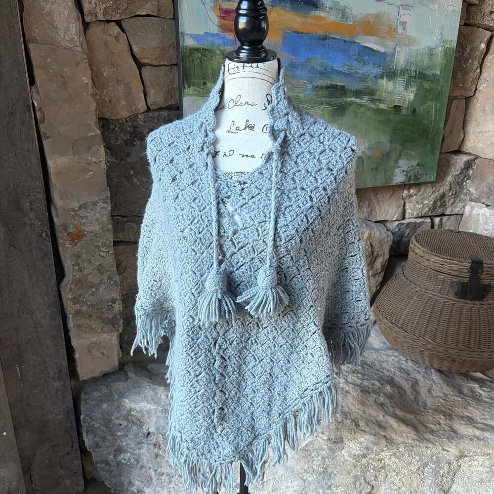 Gray Crochet Knit Poncho Sweater Fringe Tassel Boho Cape One Size